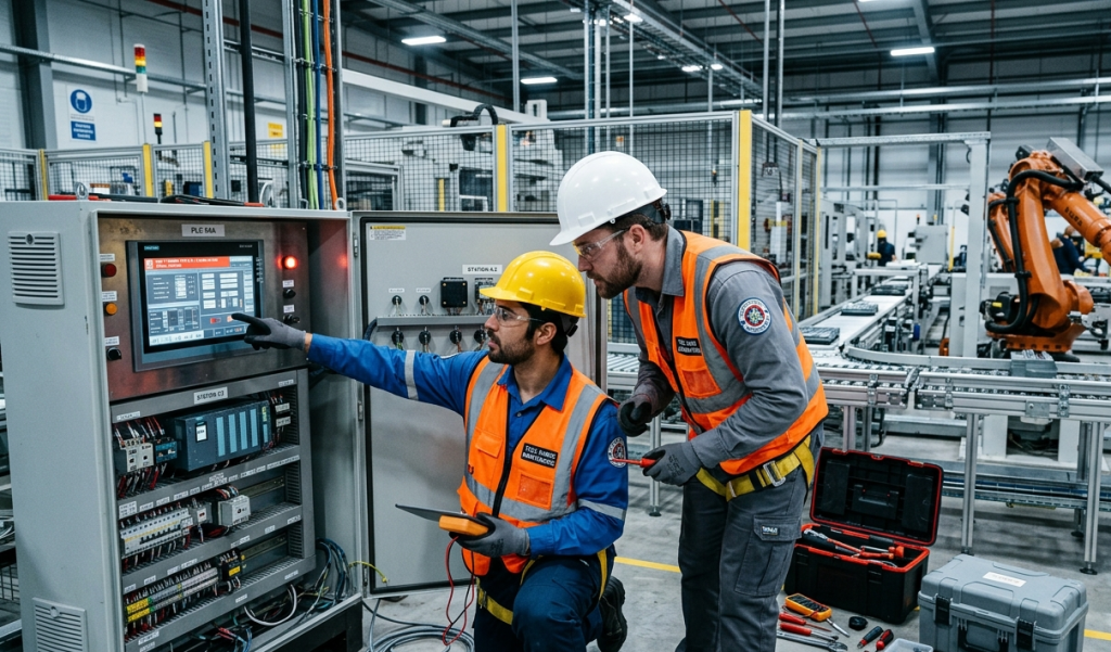 Una planta de manufactura moderna y automatizada con una paleta de colores industriales en tonos azules, grises y acero. En primer plano a la izquierda, dos técnicos concentrados inspeccionan un panel eléctrico PLC abierto; uno de ellos, arrodillado con casco amarillo y chaleco reflectante naranja, señala la pantalla HMI activa, mientras el otro, de pie con casco blanco, observa con atención. En el suelo se aprecian cajas de herramientas abiertas y repuestos. Al fondo, ligeramente desenfocado, se observa el entorno industrial en funcionamiento con cintas transportadoras y un brazo robótico articulado de color naranja bajo una fría iluminación LED.